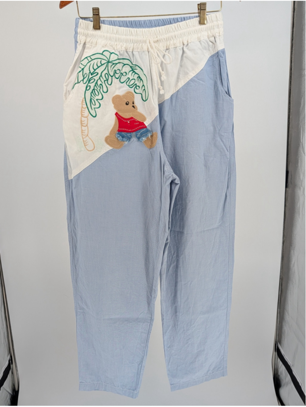 Vintage 80s Together Teddy Bear Applique Pants L Palm Tree Colorblock Kitsch